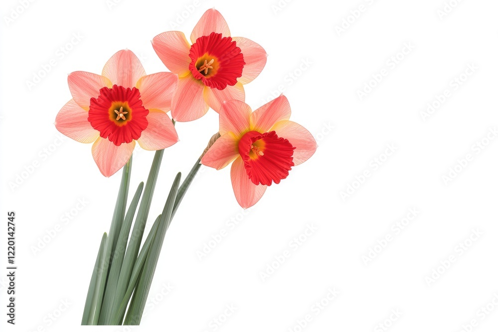 Vibrant pink and red daffodils arranged elegantly on a white background, perfect for floral designs Vibrant pink and red daffodils arranged elegantly on a white background, perfect for floral designs