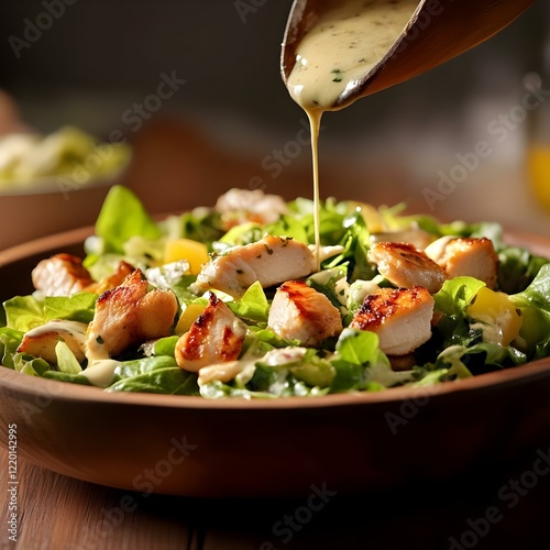 Adding sauce onto plate with tasty Caesar salad