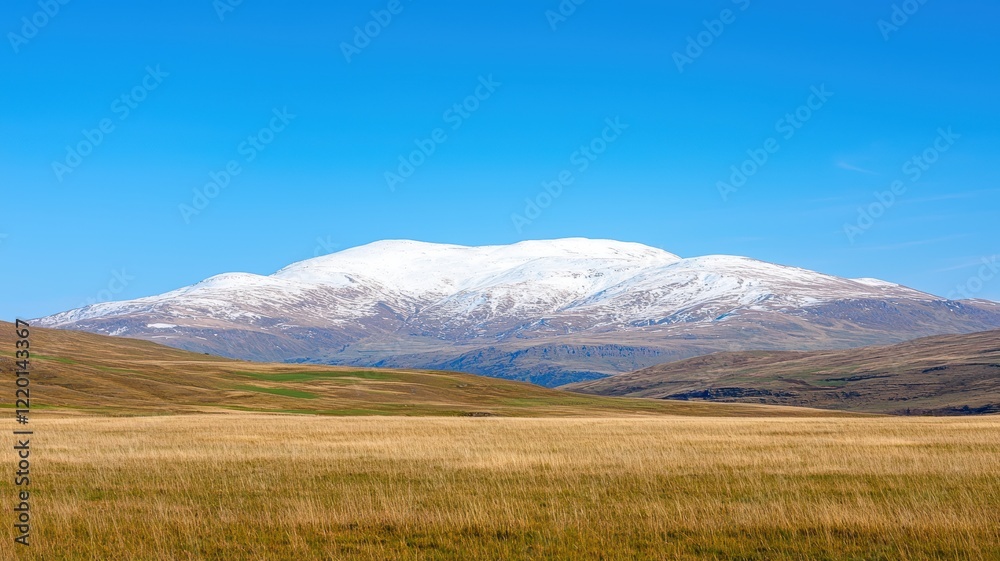 Fototapeta premium Snowy Mountains Under Clear Blue Sky with Distant Rolling Hills and Green Fields