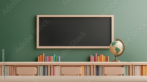 A modern classroom with a green wall, a black chalkboard, colorful books on a shelf, and a globe for educational purposes.