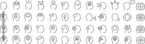 ベクターでモノクロの様々な人の頭に関する線画アイコンセット