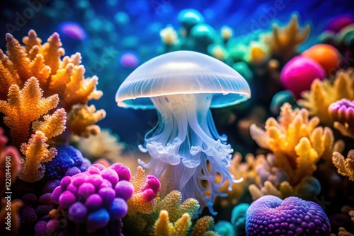 AI art depicts a vibrant Pacific sea nettle jellyfish, its luminescence highlighted against a miniature coral reef.