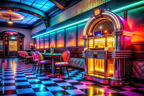 AI art recreates a classic diner scene: checkered floor, neon signs, a jukebox, and the nostalgic charm of vintage photography.