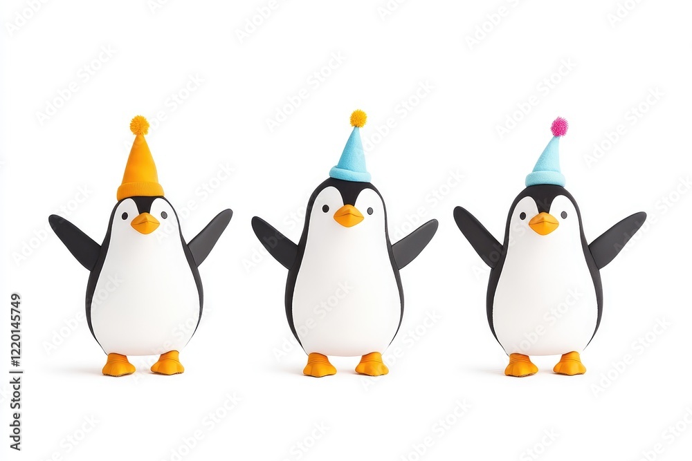 Obraz premium Three cheerful penguins wearing colorful party hats, celebrating a festive occasion in a bright white background