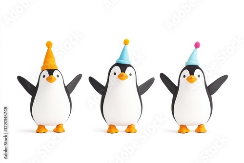 Three cheerful penguins wearing colorful party hats, celebrating a festive occasion in a bright white background