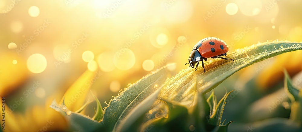 Naklejka premium Ladybug on a Leaf at Golden Hour