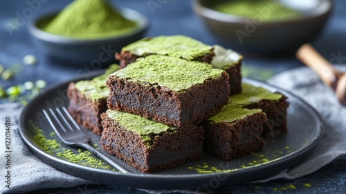 Matcha brownies on a dark plate with the green powder in the background.
