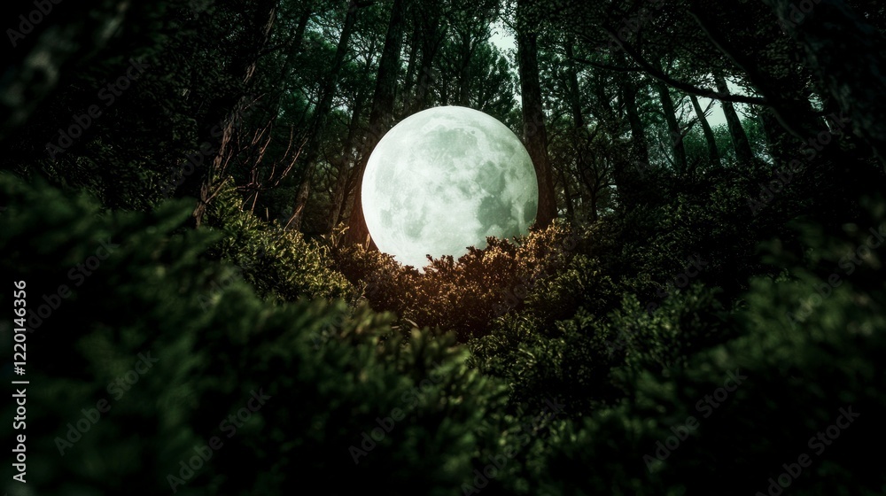 Fototapeta premium Enormous Moon over Dark Forest at Night Mystical Nature Scene