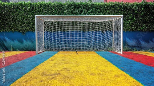 Soccer goal net with a green hedge background on a colorful ground.