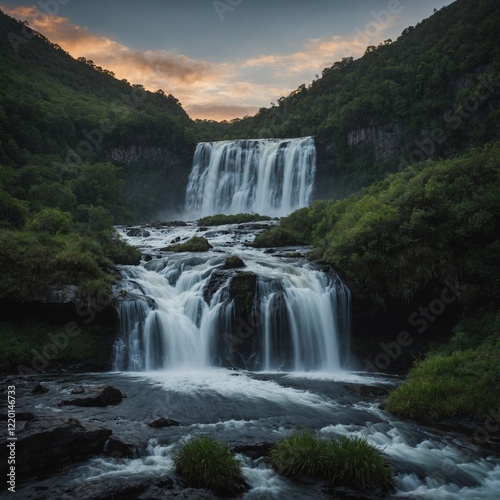 What does the landscape surrounding a waterfall look like at different times of the day?