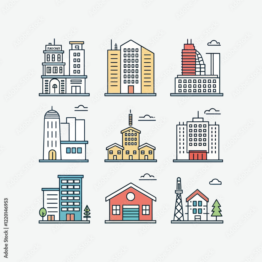 Fototapeta premium Clean Minimal Building Icon Set - Sleek and Modern Design