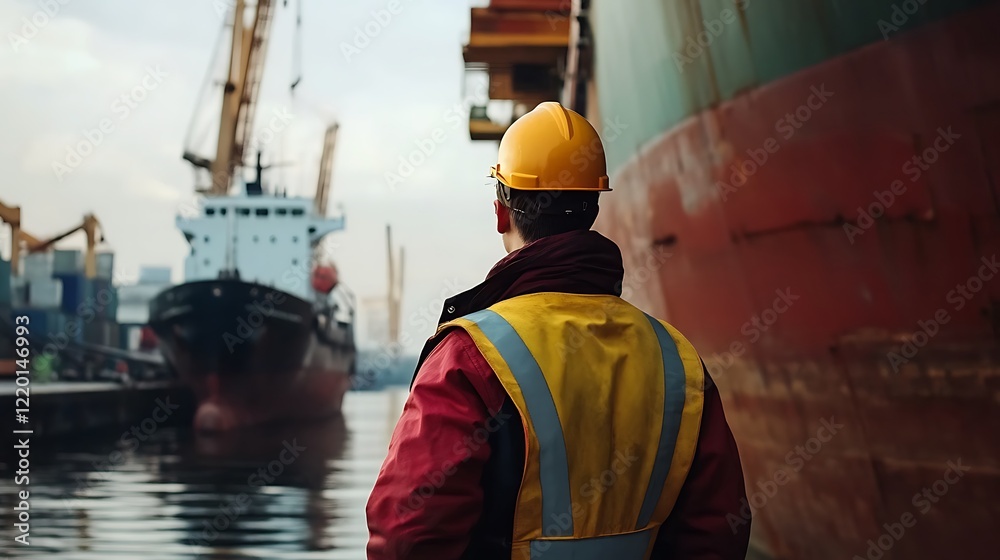 Dockworker Contemplating Cargo Ships at a Busy Port Dockworker Contemplating Cargo Ships at a Busy Port