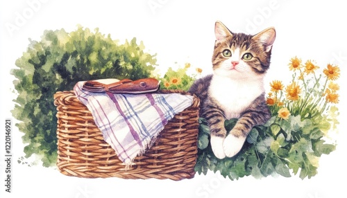 A playful cat resting beside a picnic basket amidst vibrant flowers and lush greenery in a sunny garden