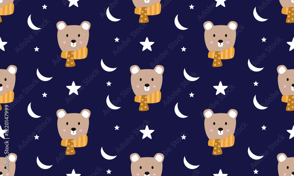 a fabric pattern composed of brown bear ,white stars and moon with dark blue background designs.