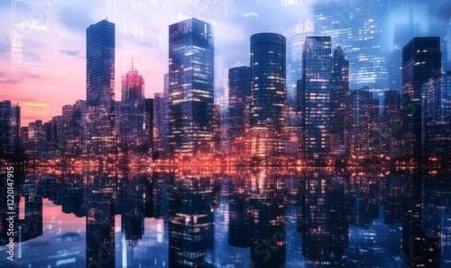 Double Exposure of Financial District with Business Charts and Glowing Cityscape Reflections During Dusk Depicting Market Trends and Urban Growth Potential, Generative AI