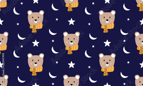 a fabric pattern composed of brown bear ,white stars and moon with dark blue background designs.