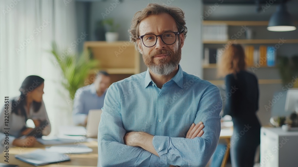 Fototapeta premium A man with glasses and a beard stands in front of a group of people