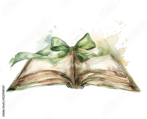 Open book with a green ribbon. Watercolor painting of a nostalgic moment.