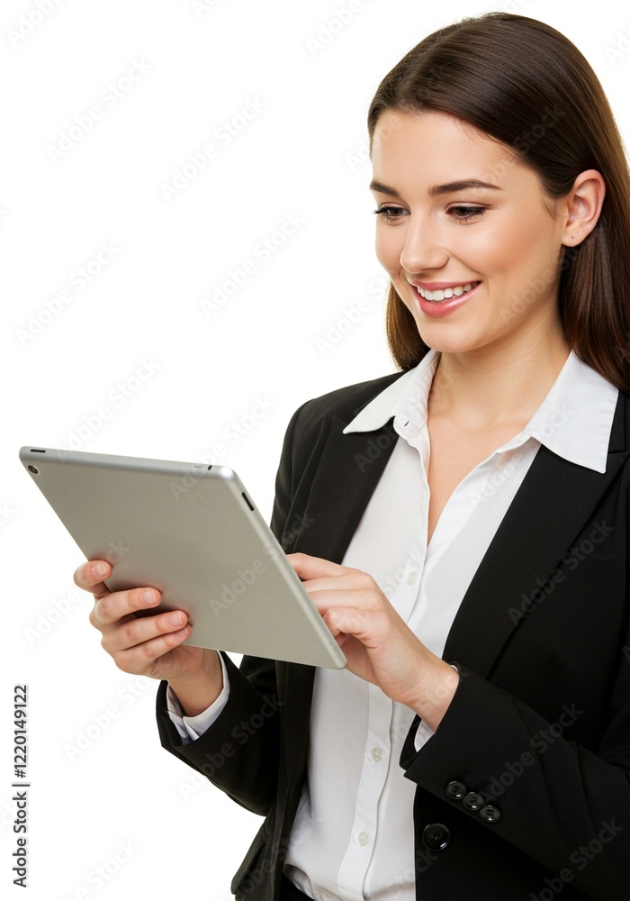 a young girl is holding a tablet with a happy face . a business woman . Ai generative a young girl is holding a tablet with a happy face . a business woman . Ai generative