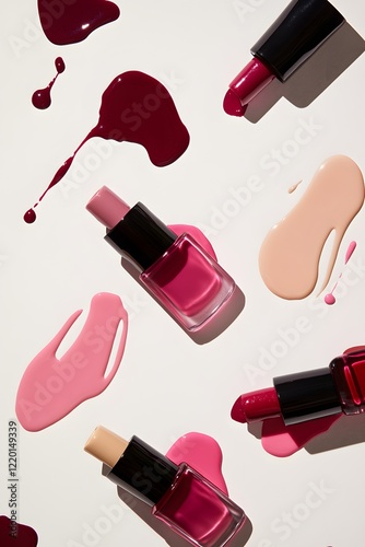 Flat lay photography, five nail polish bottles of different colors on a white background with some splashes, shadow play, minimalistic composition, pink and burgundy tones