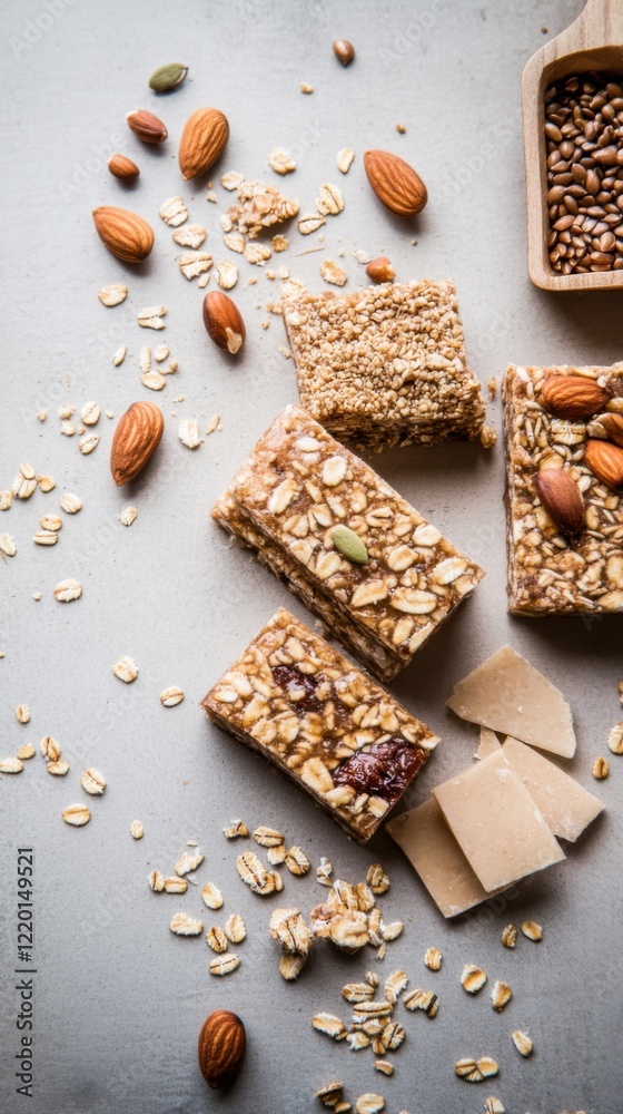 Close-up of delicious granola and nut energy bars with inviting textures Close-up of delicious granola and nut energy bars with inviting textures