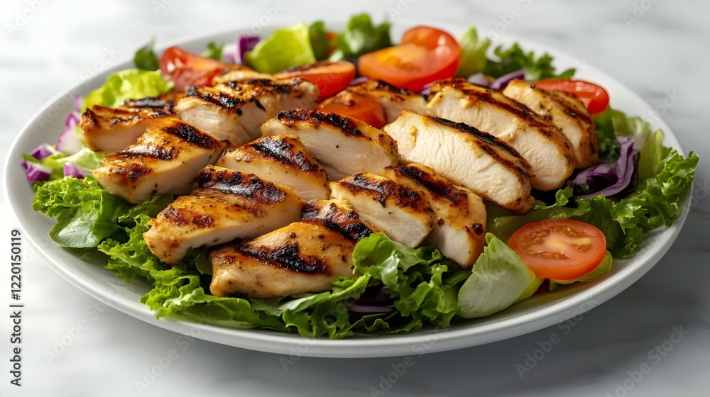 Colorful salad with grilled chicken on marble Colorful salad with grilled chicken on marble