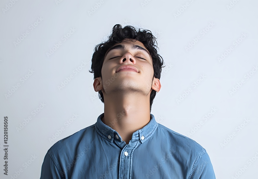 Obraz premium Relaxed Young Man with Eyes Closed, Peaceful and Calm Expression Concept of Serenity and Mindfulness