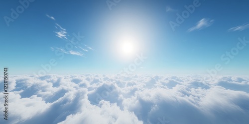 Above the clouds, sun shining bright, a panoramic view of fluffy clouds and clear blue sky.