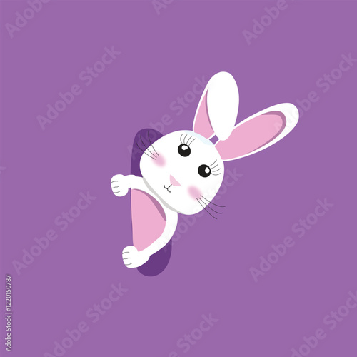 Cute bunny. white bunny with pink ears peeking out of a hole on the side. rabbit on purple background. vector illustration