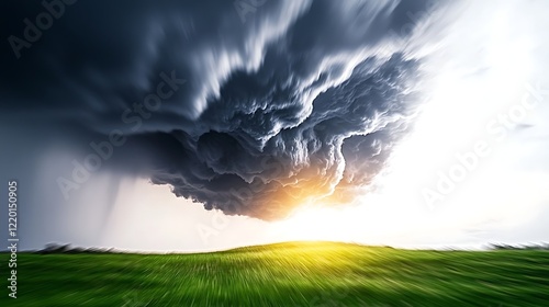 Stormy sunset over green field, dramatic cloudscape photo