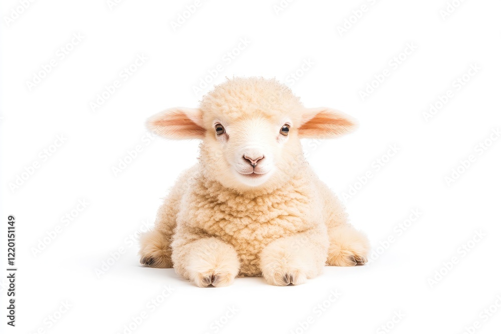 Fototapeta premium A fluffy lamb lying down peacefully on a white background, showcasing its soft wool and calm demeanor