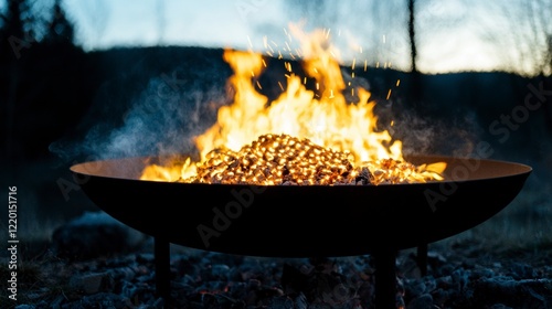 Glowing Embers and Flames in a Fire Pit at Dusk photo