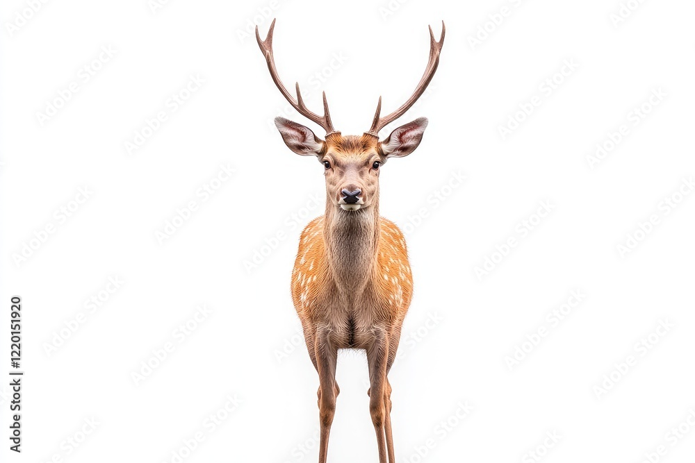 Fototapeta premium A majestic deer stands confidently against a white background, showcasing its antlers and spotted fur