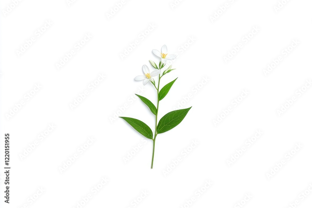 Naklejka premium A delicate white flower with green leaves isolated on a white background, perfect for nature-themed designs