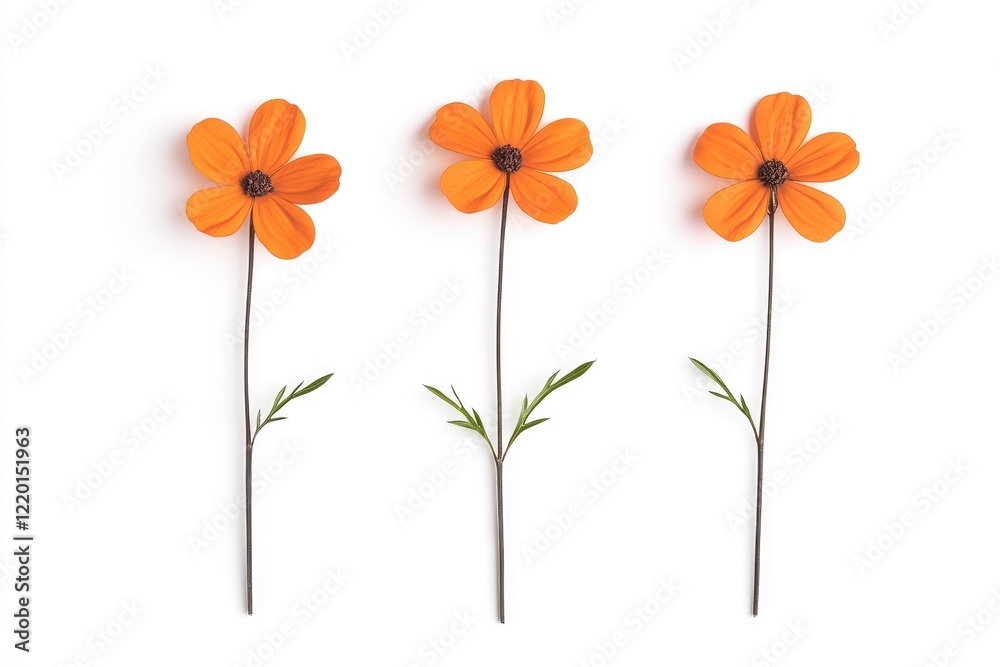 Naklejka premium Three vibrant orange flowers with green leaves arranged symmetrically on a white background