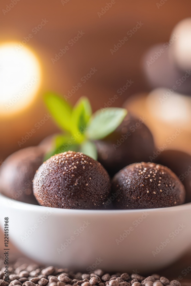 Delicious Chocolate Energy Balls with Chia Seeds in a Bowl Delicious Chocolate Energy Balls with Chia Seeds in a Bowl