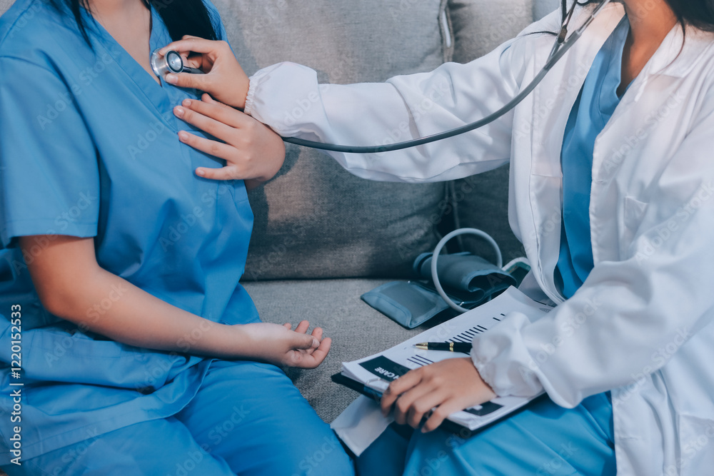 Doctor using stethoscope and examining patient Doctor using stethoscope and examining patient