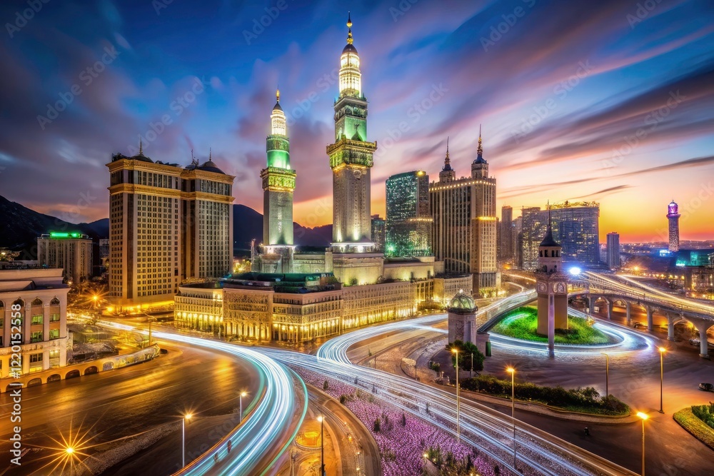 Obraz premium A long exposure captures Mecca's majestic skyline at night, showcasing the Abraj Al-Bait and Grand Mosque's brilliance.