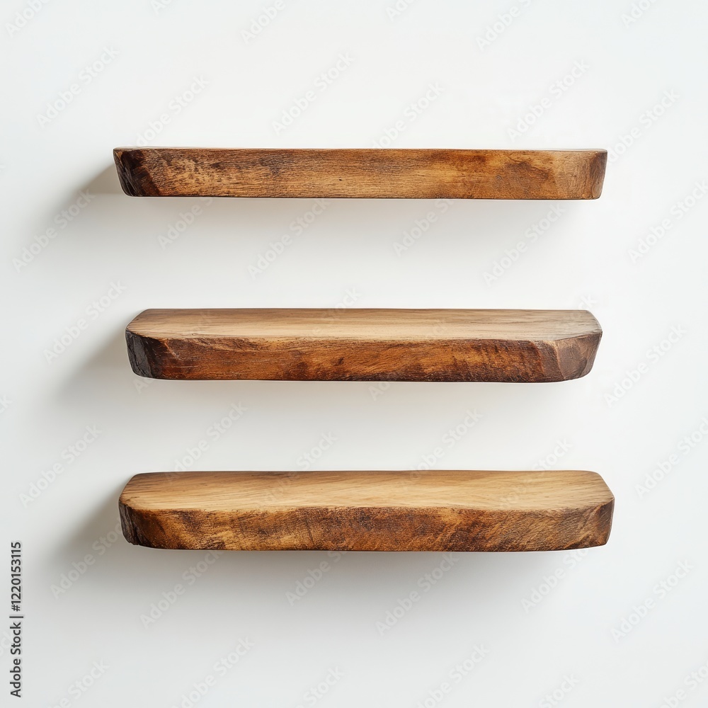 Three rustic wooden shelves on a white wall. (2) Three rustic wooden shelves on a white wall. (2)