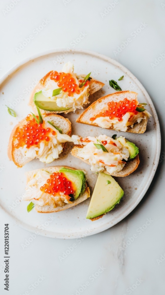 Mini crab sandwiches with avocado and caviar on a decorative plate Mini crab sandwiches with avocado and caviar on a decorative plate