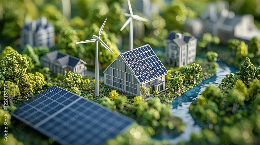 Fototapeta premium A model of a city with a house and a wind turbine