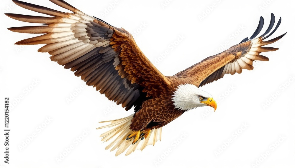 Fototapeta premium Majestic Bald Eagle in Flight Against a White Background