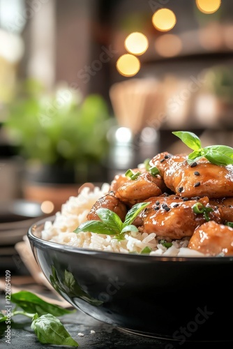Delicious Teriyaki Chicken with Rice and Basil Garnish Asian Cuisine Food Photography