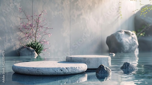 two stepping stones in the water next to a plant photo