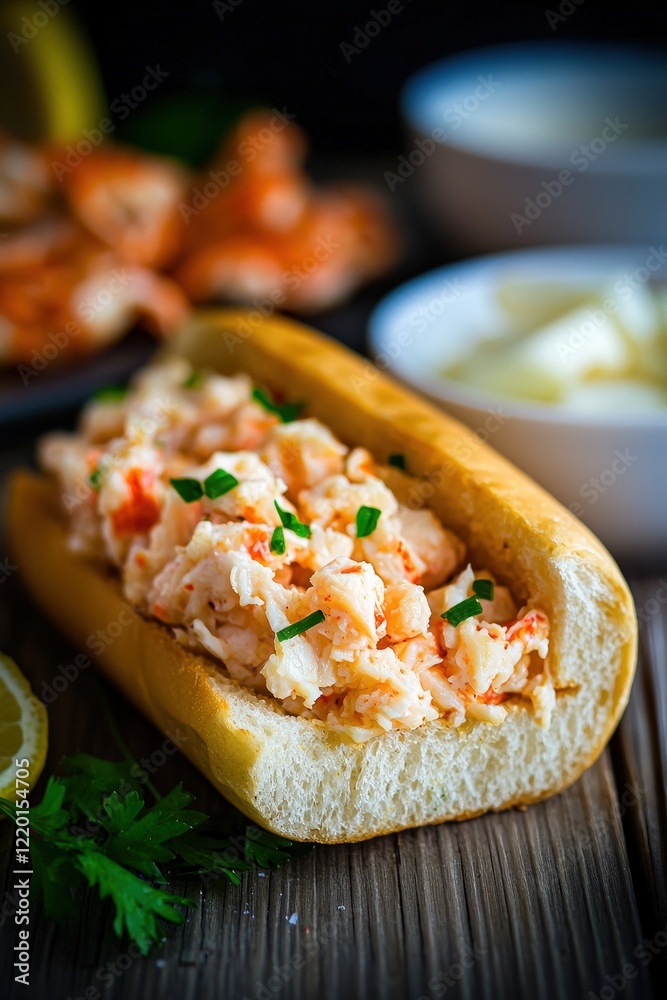 Delicious Lobster Roll on Crusty Bun with Fresh Herbs Close up Food Photography Delicious Lobster Roll on Crusty Bun with Fresh Herbs Close up Food Photography