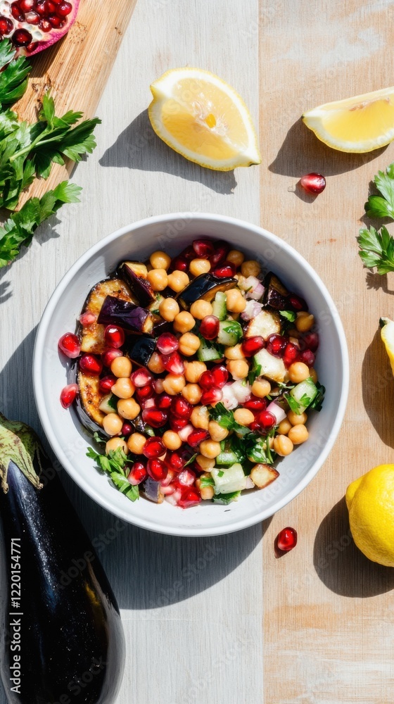 A colorful chickpea salad with roasted eggplant is served on a rustic table A colorful chickpea salad with roasted eggplant is served on a rustic table