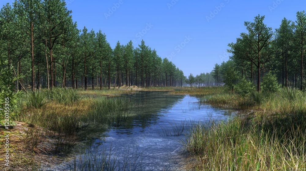 Calm forest stream, sunlit pines, misty background, nature scene Calm forest stream, sunlit pines, misty background, nature scene