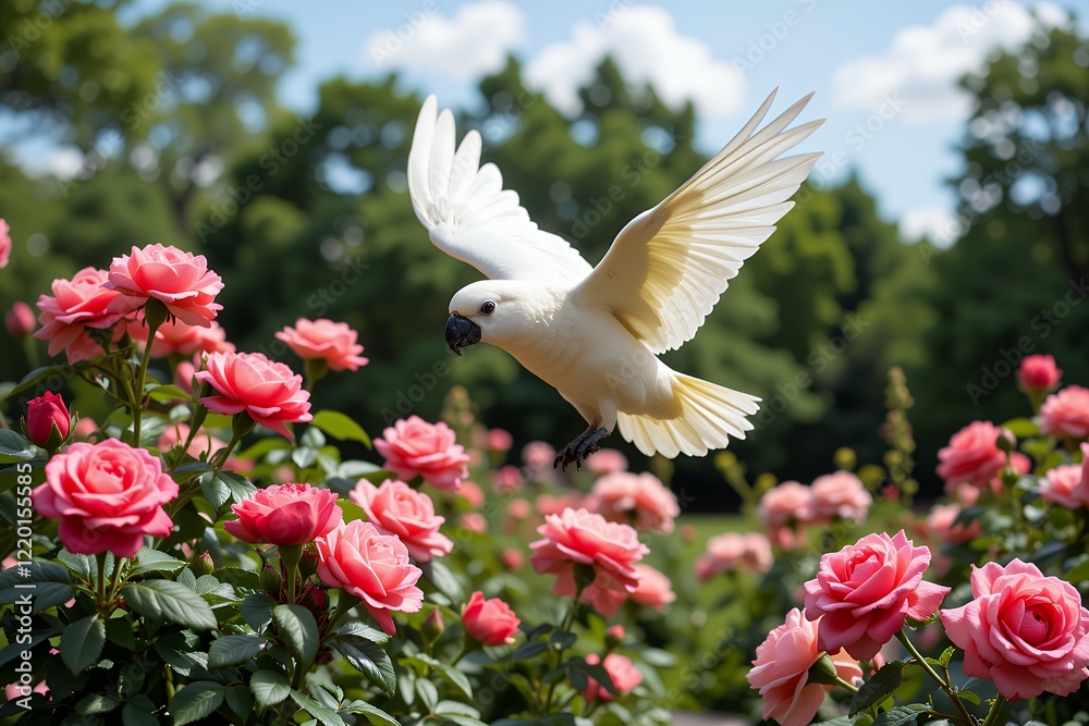 Obraz premium White Cockatoo in Flight over a Vibrant Pink Rose Garden
