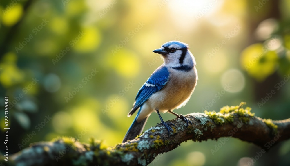Obraz premium Blue Jay Perched on Branch in Sunny Forest