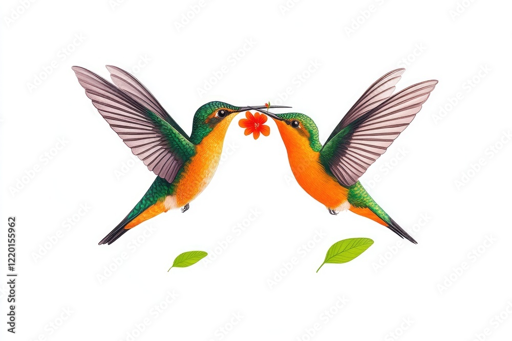 Obraz premium Two colorful hummingbirds sharing a vibrant flower in a serene, minimalist white background scene